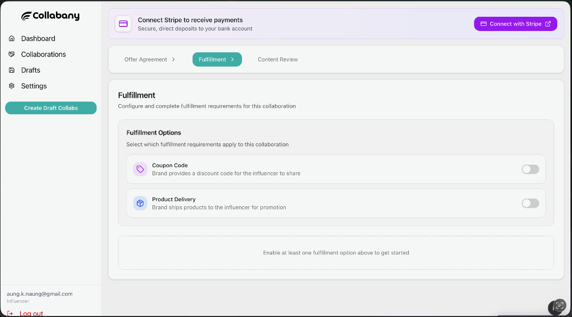 Collabany Fulfillment page showing Coupon Code and Product Delivery options within a campaign.