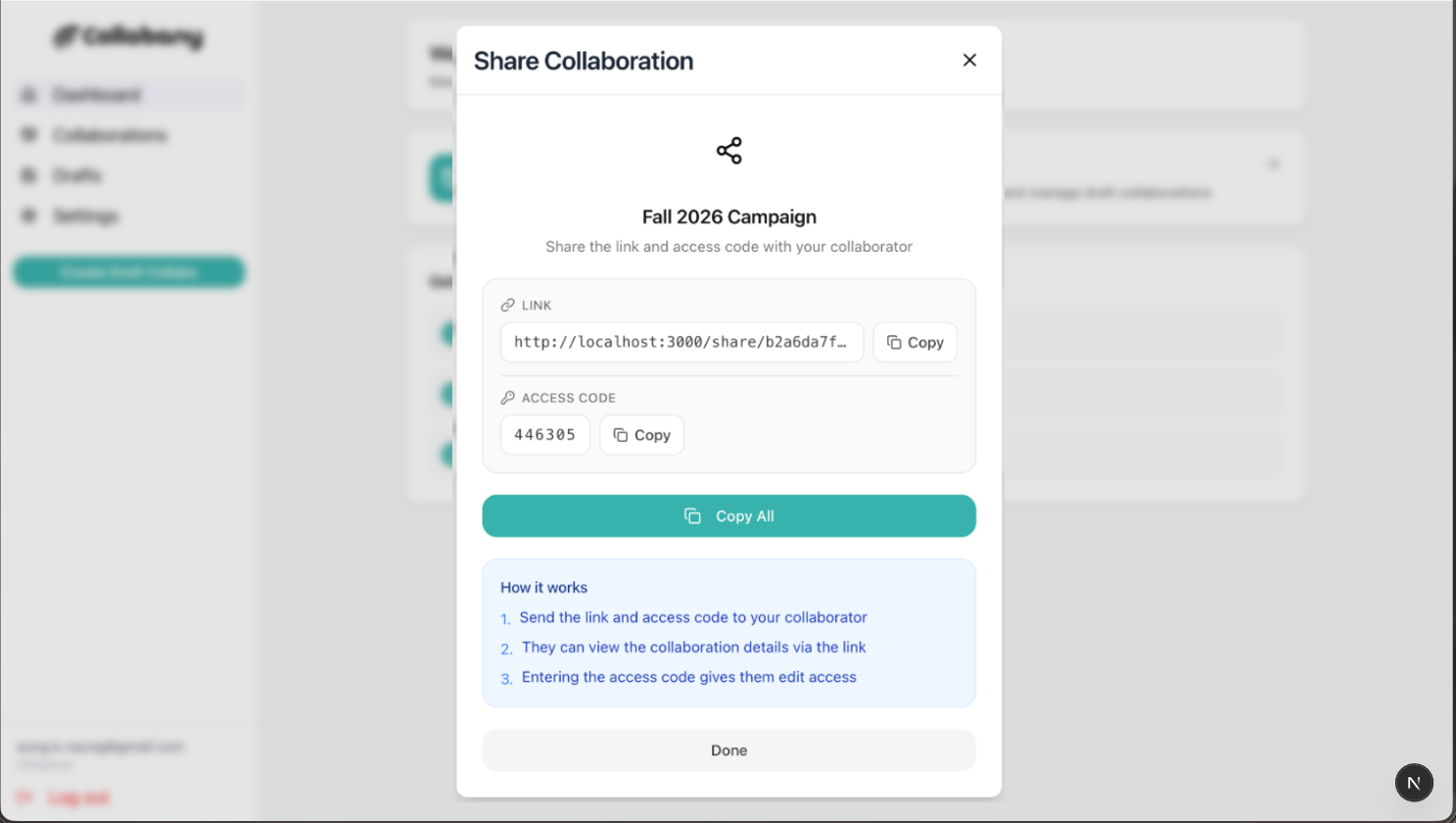 Collabany Share Collaboration modal showing a shareable link and access code for Fall 2026 Campaign.