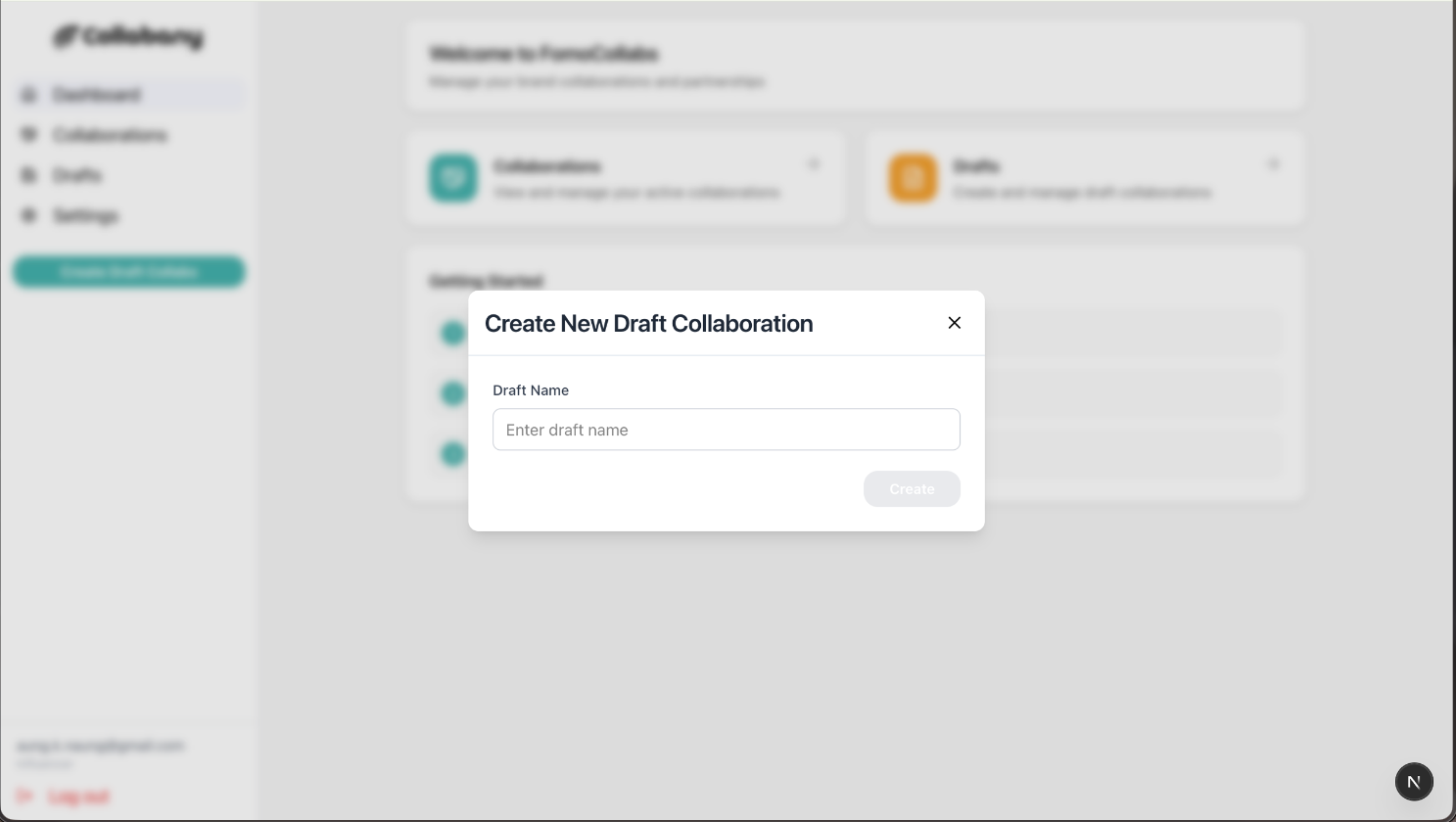 Collabany Create New Draft Collaboration modal with a draft name input field.